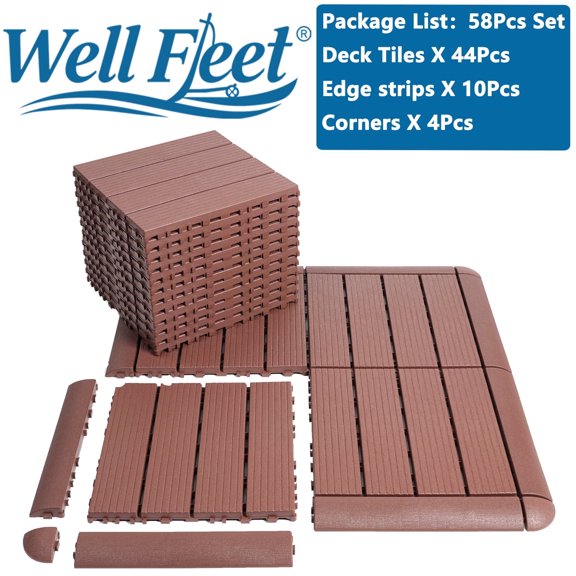 58 Pack Set Plastic Interlocking Deck Tiles, All-Weather Indoor Outdoor Use, 12"x12" Floor Decking Tiles for Garden Lawn Swimming Pools Porch Poolside Balcony Backyard
