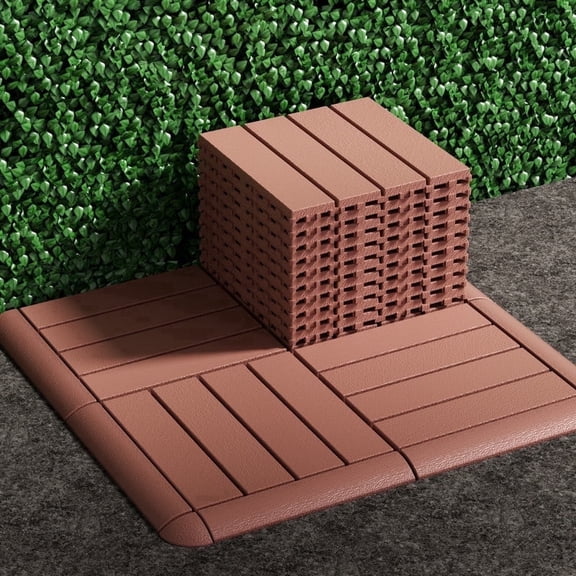 58 Pack Wood Grain Interlocking Deck Tiles Set, 44 Deck Tiles with 10 Edge Trims & 4 Corner Pieces, 12" x 12" Waterproof PP Outdoor Flooring for Patio, Balcony, Porch, Backyard & Poolside
