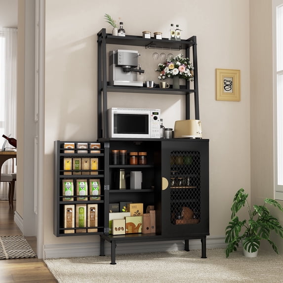 58” Pantry Cabinets with Microwave Shelves, Small Kitchen Pantry Storage Cabinet with Adjustable Shelves for Kitchen, Dining Room, Living Room Use (Black)