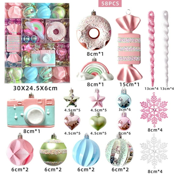58 Pcs 3.15" Pastel Christmas Ball Ornaments Set, Macaron Pink Candy Land Christmas Tree Decorations with Gift Box, Shatterproof Hand-Painted Ornaments for Home Wreath Garland, Holiday Decor