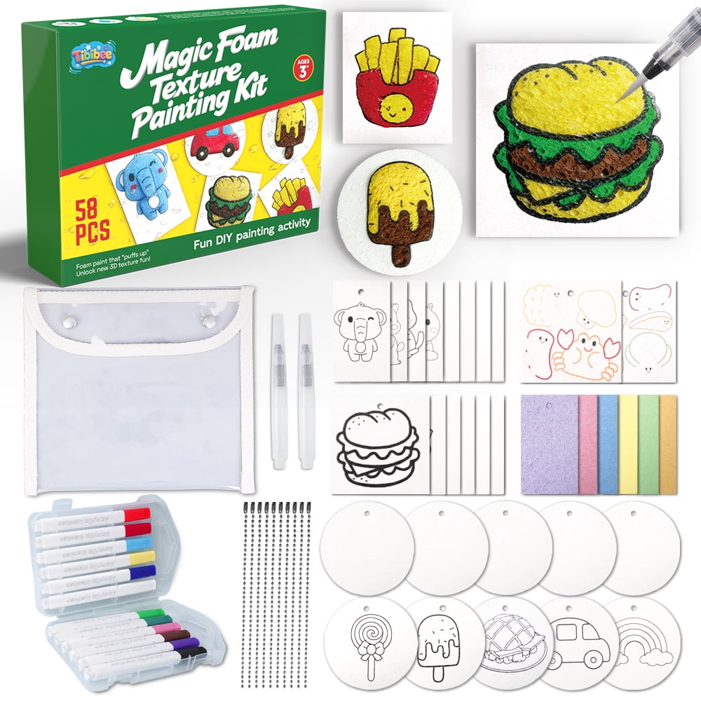 58 Pcs Magic Foam Texture Painting Kit, Magic Puffy Paint Kit32 Pcs Foam Texture Paper, 12 Acrylic Markers, Magical 3D Effect Texture DIY Painting Set, Great Gi
