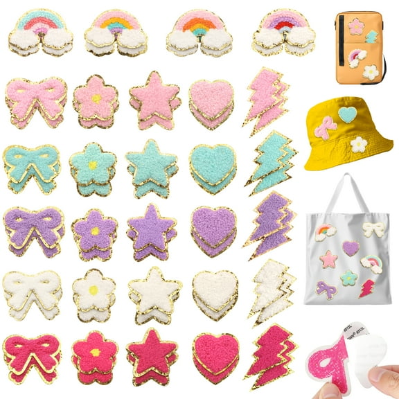 58 Pcs Self-Adhesive Gold-Edged Chenille Patches, Cute Rainbow Bow Flower Lightning Heart Star Embroidered Stickers for Clothes Backpack Jeans Hats Jackets DIY Decoration