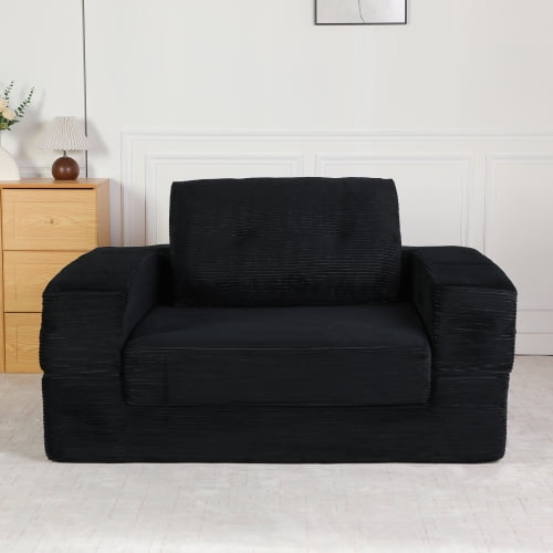 58" Pet-Friendly Corduroy Convertible Sleeper Sofa Bed, Upholstered Folding Couch with No Assembly, Convertible Sleeper Chair with High-Density Foam for Living Room, Black