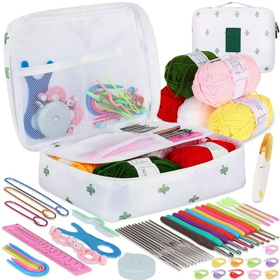 58 Piece Crochet Kit For Beginners Kids Storage Case,Cute Crochet Kit for Beginners Adults Knitting Complete Include Soft Grip Crochet Hooks,Lace Crochet Needles,Crochet