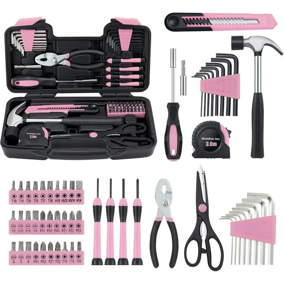 58 Piece Household Tool Set, General Hand Kit with Plastic Toolbox Storage Case, All Purpose for Women, Girls and Ladies, Pink