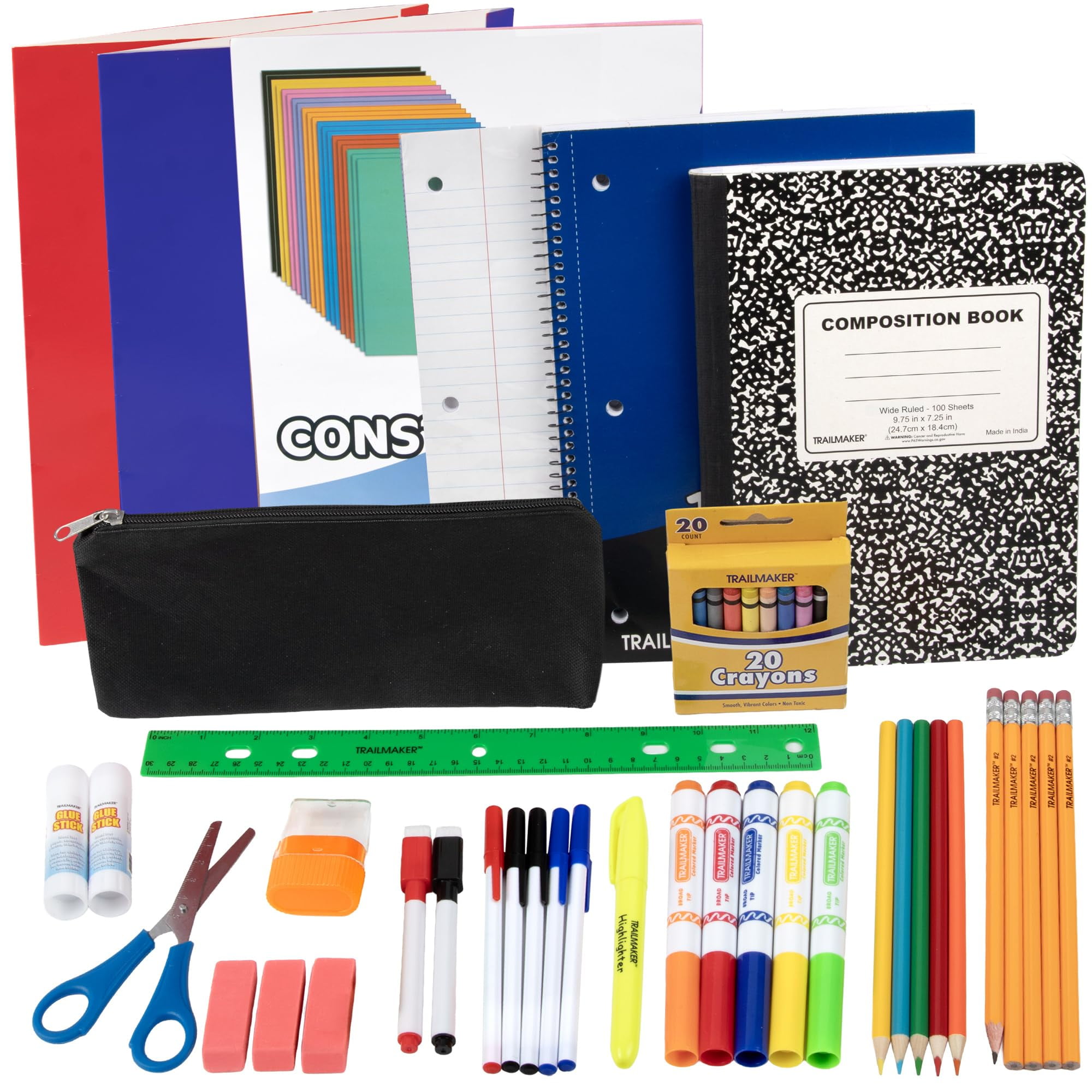 58 Piece Stationary School Supplies Set for Boys, Girls, Kindergarten & Elementary School Kids & Children Containing Notebooks, Pencils, Markers, Colored Pencils, Erasers, Construction Paper & More!