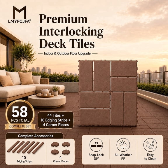 58-Piece Interlocking Deck Tiles, 12 x 12 in Waterproof Plastic Snap-Lock Patio Flooring with Edge & Corner Trims