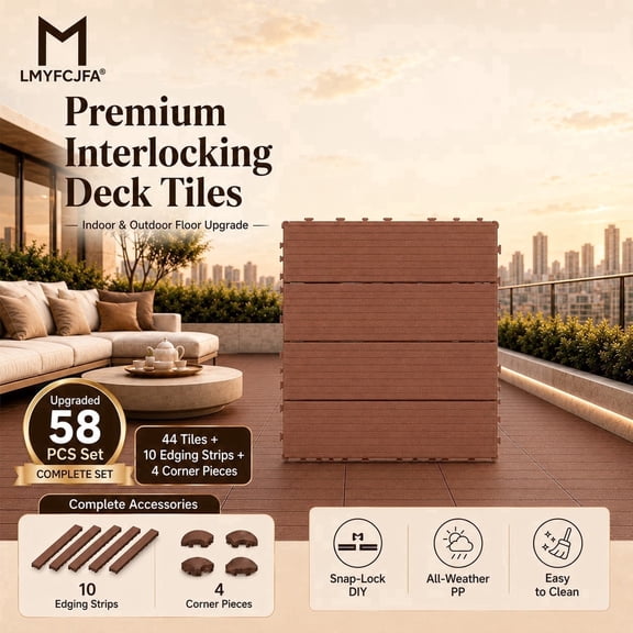 58-Piece Interlocking Deck Tiles, 12 x 12 in Waterproof Plastic Snap-Lock Patio Flooring with Edge & Corner Trims