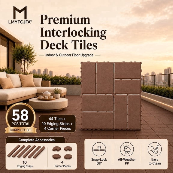 58-Piece Interlocking Deck Tiles, 12 x 12 in Waterproof Plastic Snap-Lock Patio Flooring with Edge & Corner Trims