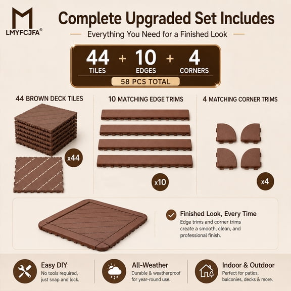 58-Piece Interlocking Deck Tiles, 12 x 12 in Waterproof Plastic Snap-Lock Patio Flooring with Edge & Corner Trims