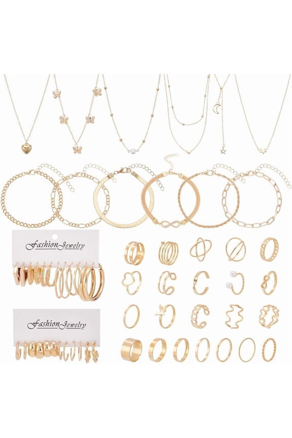 58 Pieces Gold Jewelry Set forWomen Hoop Earrings Stud Earrings Pendant Necklaces Rings Bracelets Gold Plated Jewelry Fashion Costume Set