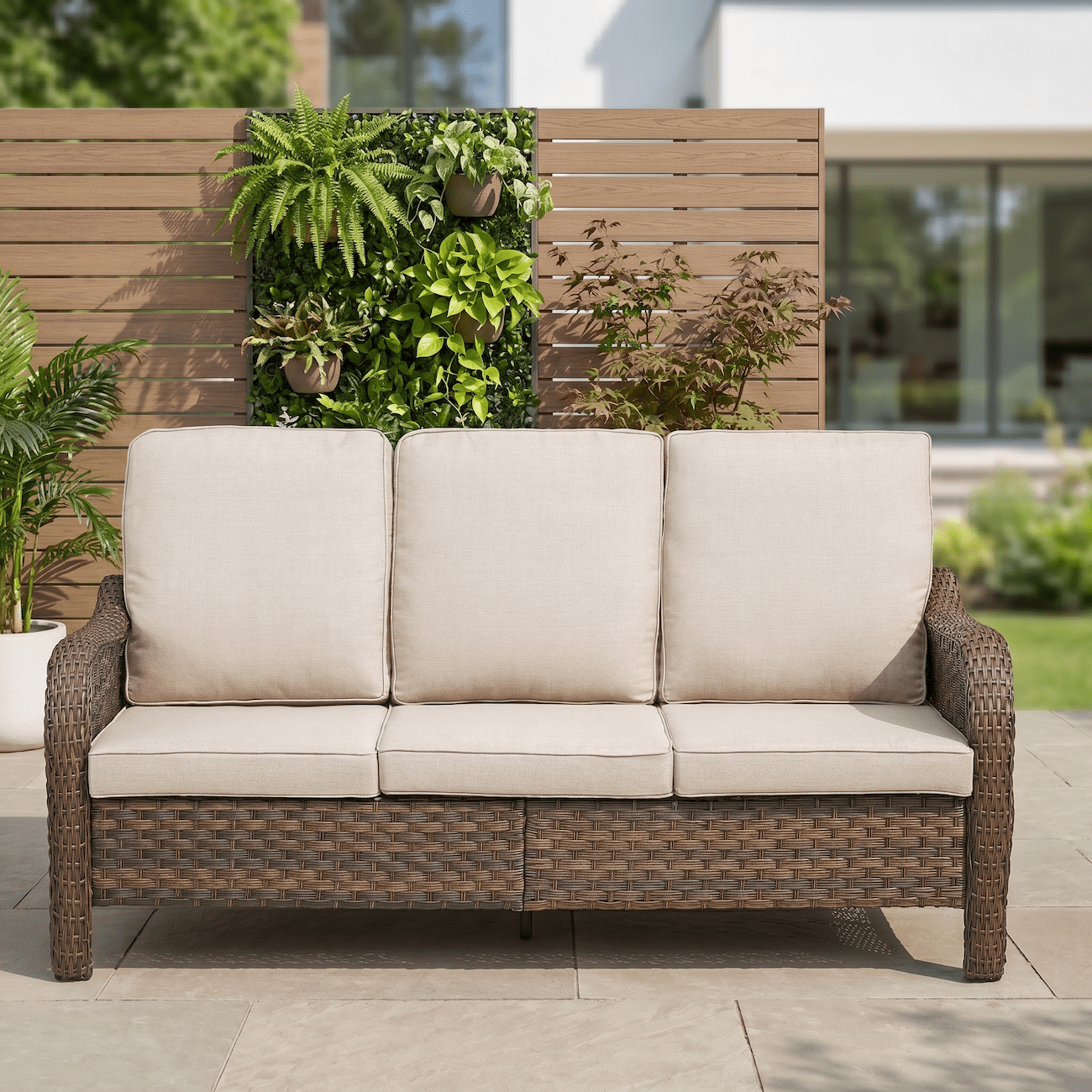 71" Outdoor Patio Sofa, 3 Seat PE Wicker Rattan Couch with Cushions, Deep Seating All Weather Outdoor Furniture, UV Resistant Waterproof Patio Couch for Backyard Garden Porch Deck, Beige