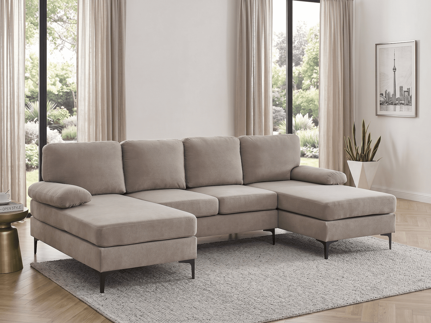 106" Cloud Sectional Sofa, U Shaped Sectional Couch with Double Chaise Lounge, Large 4 Seat Modular Sofa, Deep Seat Upholstered Fabric Couch with Pillow Top Arms, Modern Living Room Furniture, Khaki