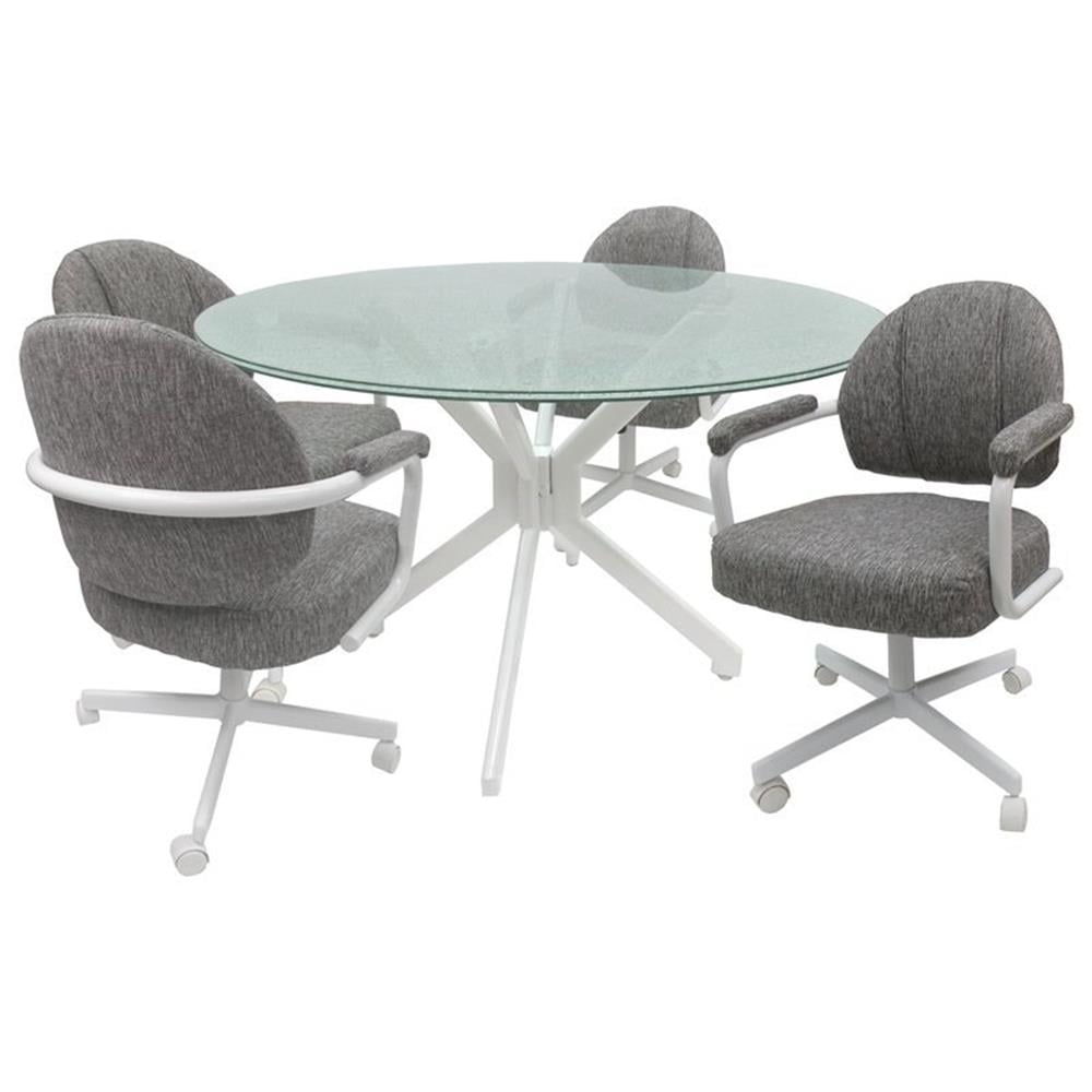 58" Round Cracked Glass Top Dining Set with Gray Upholstered Chairs