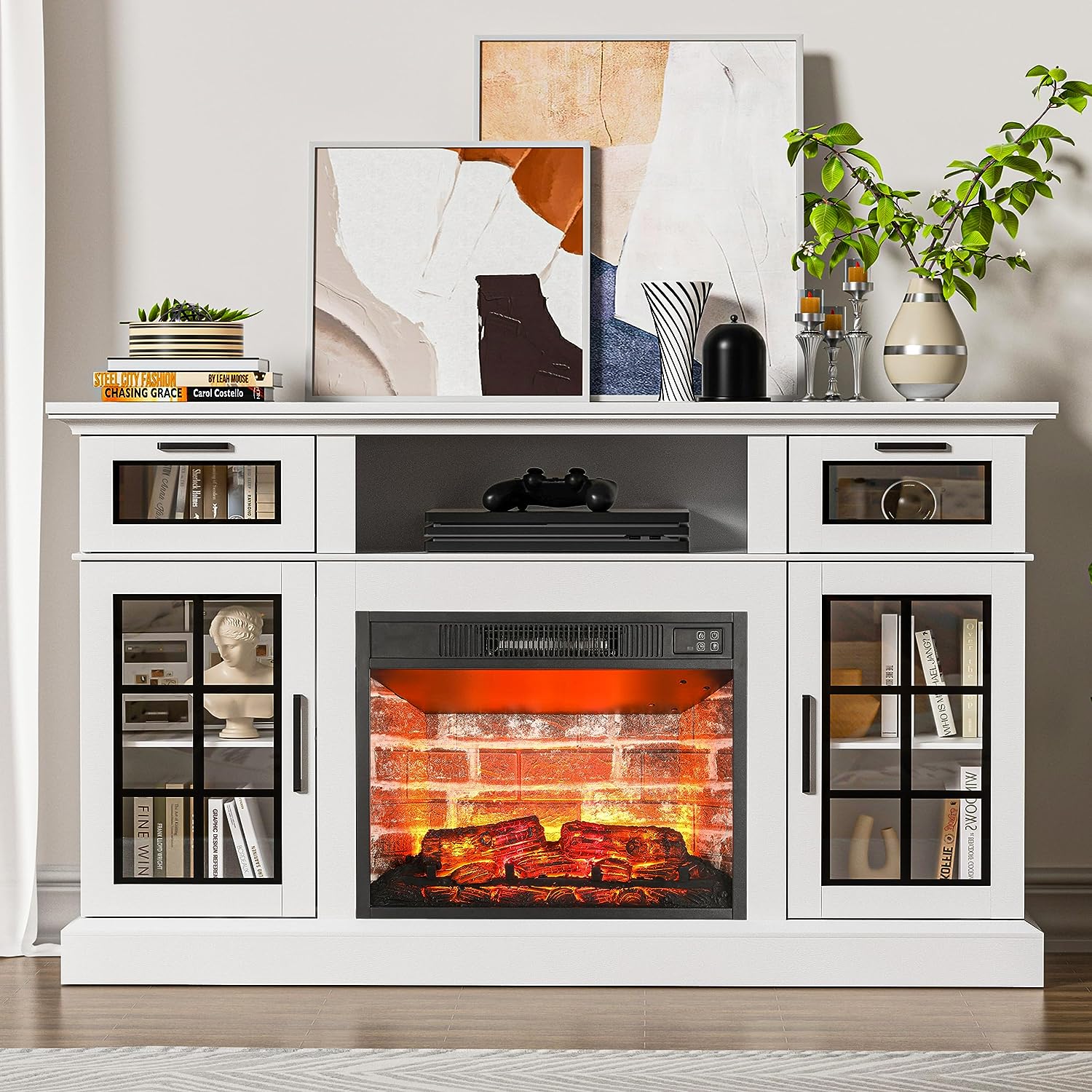 58" ScreenPrinted Fireplace TV Stand, Entertainment Center for 65 inch TV, Modern White TV