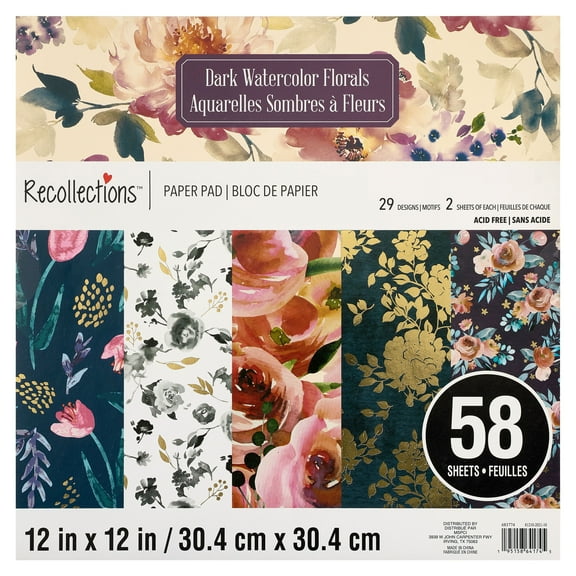 58 Sheets 12" x 12" Dark Watercolor Florals Paper Pad by Recollections - Acid Free Paper for Scrapbooks - Invitations - Greeting Cards - and Arts & Crafts - 1 Pack