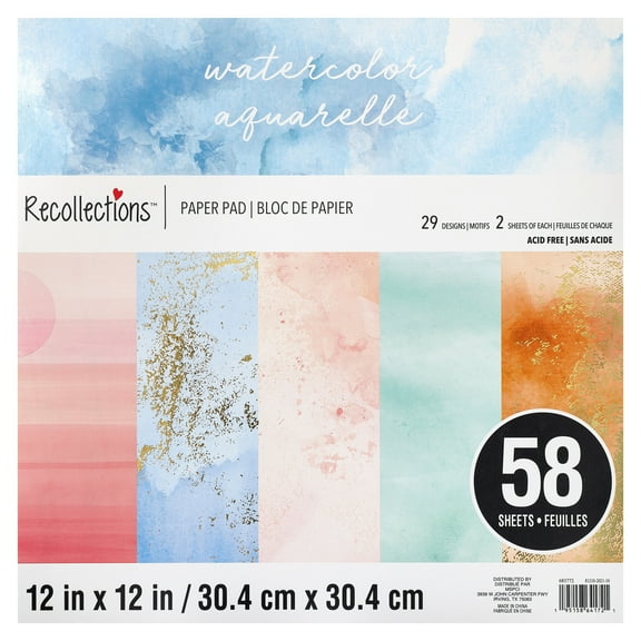 58 Sheets 12" x 12" Watercolor Paper Pad by Recollections - Acid Free Paper for Scrapbooks - Invitations - Greeting Cards - and Arts & Crafts - 1 Pack
