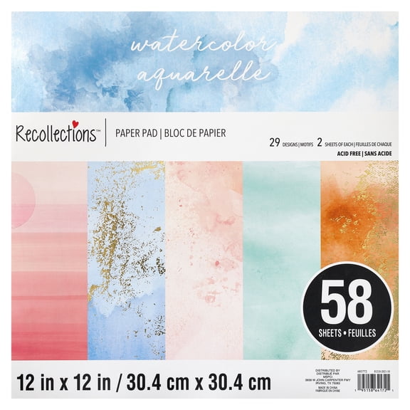58 Sheets 12" x 12" Watercolor Paper Pad by Recollections - Acid Free Paper for Scrapbooks - Invitations - Greeting Cards - and Arts & Crafts - 1 Pack