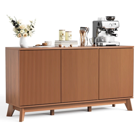 58" Sideboard Buffet Cabinet, Entryway Coffee Bar Cabinet with Fluted Doors & Adjustable Shelves, Media Console Table, Floor Cupboard Cabinet, Walnut