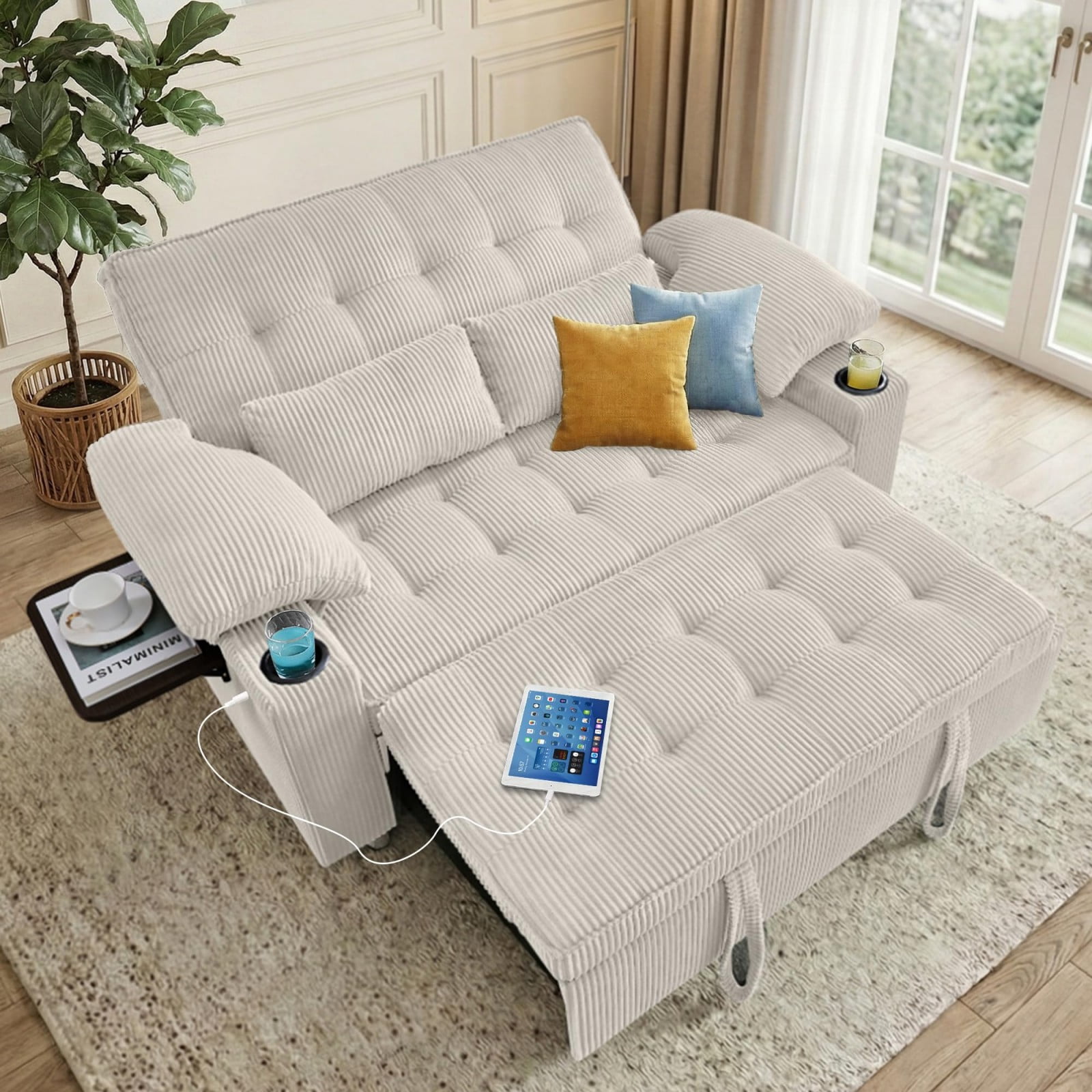 58" Sleeper Sofa Bed, Convertible Pull Out Couch Full Size Loveseat with Corduroy Fabric, USB Charging, Adjustable Backrest for Living Room Apartment Office, Beige