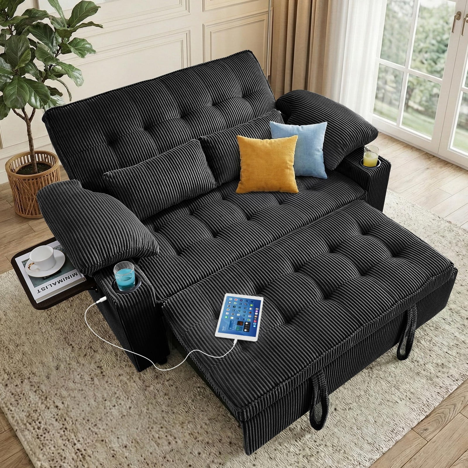 58" Sleeper Sofa Bed, Convertible Pull Out Couch Full Size Loveseat with Corduroy Fabric, USB Charging, Adjustable Backrest for Living Room Apartment Office, Black