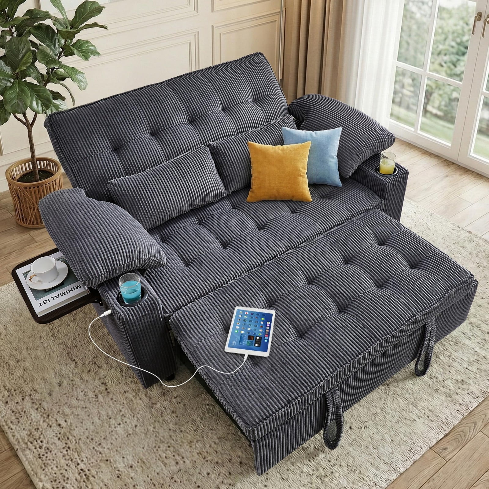58" Sleeper Sofa Bed, Convertible Pull Out Couch Full Size Loveseat with Corduroy Fabric, USB Charging, Adjustable Backrest for Living Room Apartment Office, Dark Gray