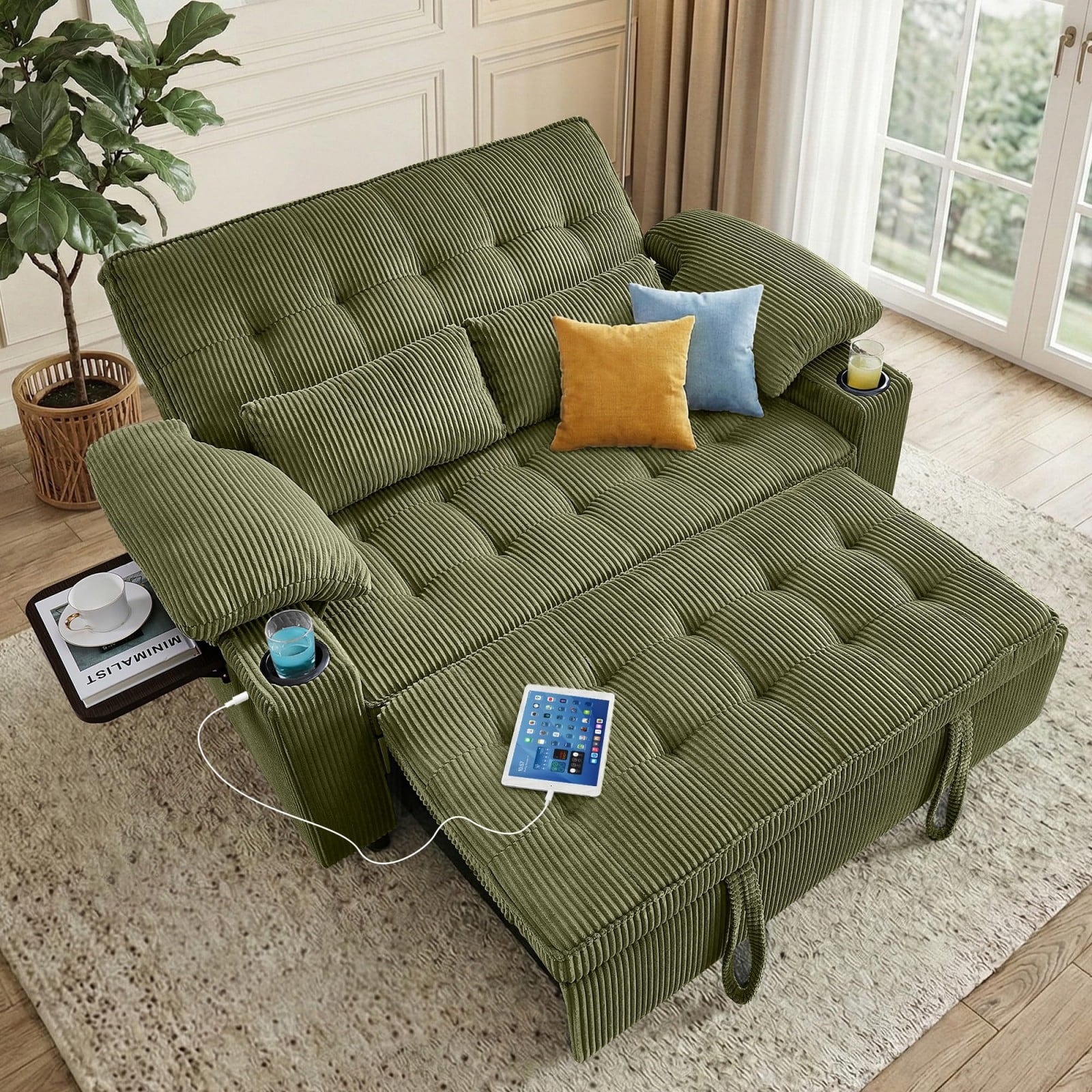 58" Sleeper Sofa Bed, Convertible Pull Out Couch Full Size Loveseat with Corduroy Fabric, USB Charging, Adjustable Backrest for Living Room Apartment Office, Green
