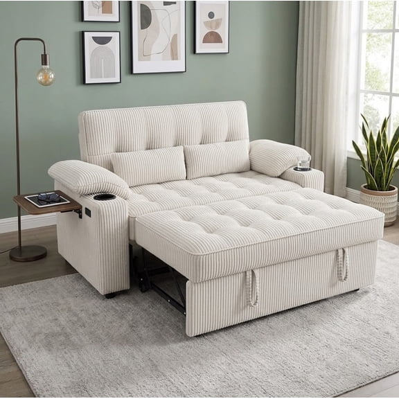 58" Sleeper Sofa Bed, Full Size Pull Out Couch, Convertible Loveseat Sofa with 5-Level Adjustable Backrest, USB Charging Ports, Cup Holders & Foldable Side Table, for Living Room, Apartment & Office