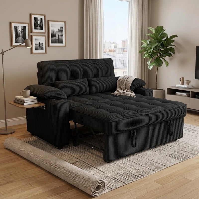 58" Sleeper Sofa Bed, Full Size Pull Out Couch, Convertible Loveseat Sofa with 5-Level Adjustable Backrest, USB Charging Ports, Cup Holders & Foldable Side Table, for Living Room, Apartment & Office