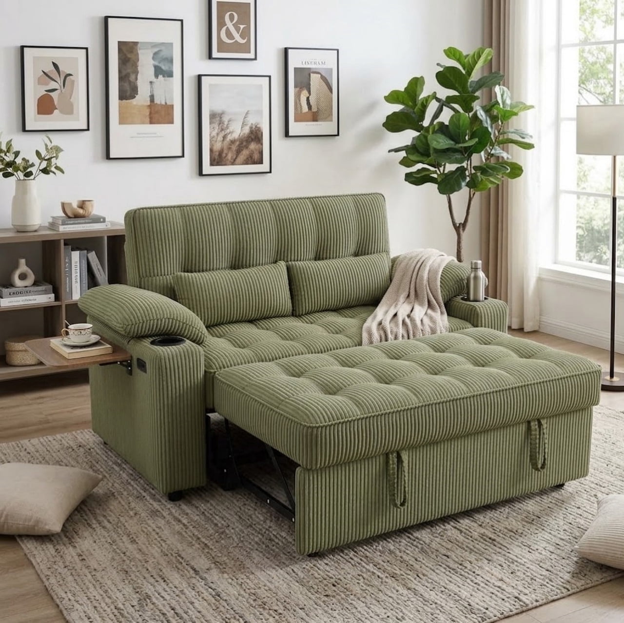 58" Sleeper Sofa Bed, Full Size Pull Out Couch, Convertible Loveseat Sofa with 5-Level Adjustable Backrest, USB Charging Ports, Cup Holders & Foldable Side Table, for Living Room, Apartment & Office