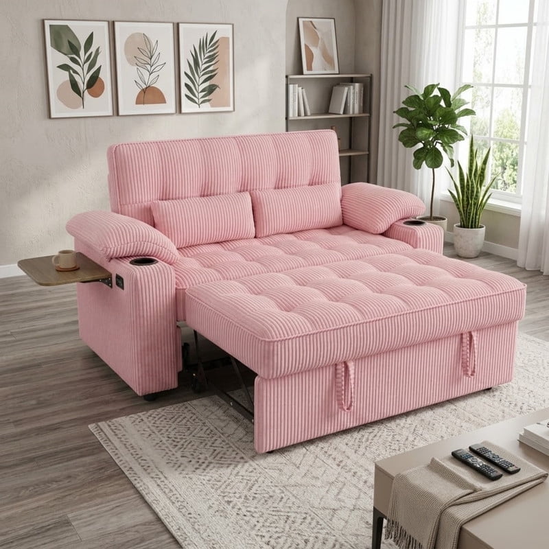 58" Sleeper Sofa Bed, Full Size Pull Out Couch, Convertible Loveseat Sofa with 5-Level Adjustable Backrest, USB Charging Ports, Cup Holders & Foldable Side Table, for Living Room, Apartment & Office