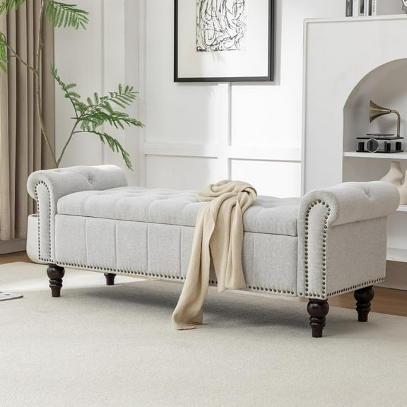 58’’ Storage  for Bedroom, Upholstered Button-Tufted Ottoman with Solid Wood Legs, Queen Size End of Bed Shoe Cabinet, Window Seat Foot Rest Stool for Entryway, Living Room (Silver)