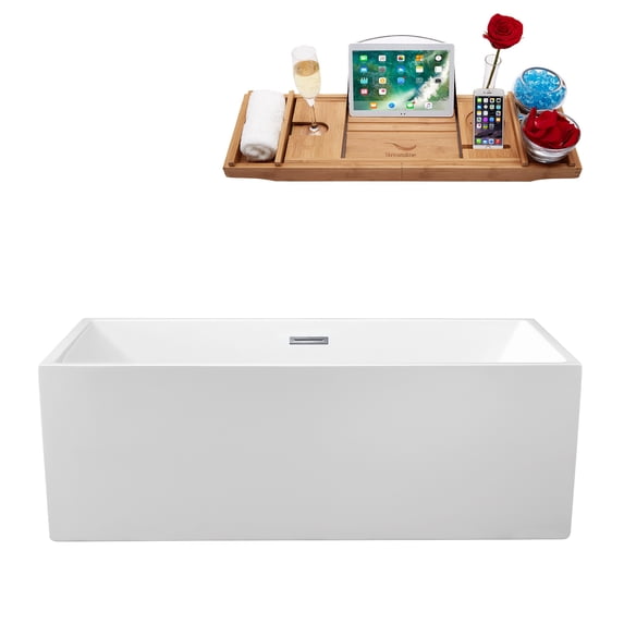 58" Streamline N-262-58FSWH-FM Soaking Freestanding Tub and Tray With Internal Drain