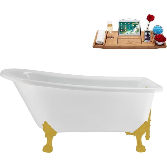 58" Streamline N4860BGL-WH Soaking Clawfoot Tub and Tray With External Drain in Glossy White and Brushed Gold Clawfeet