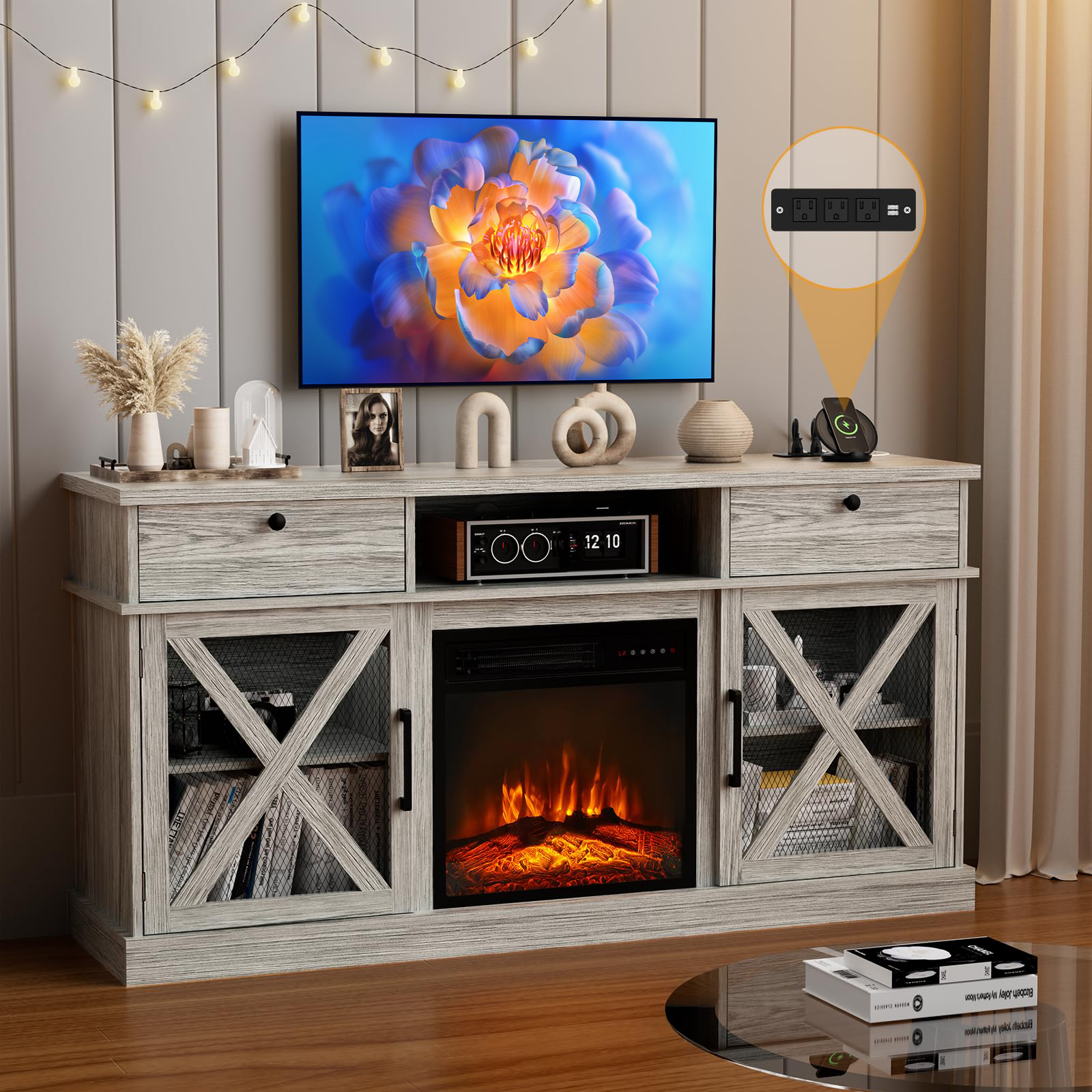 58'' TV Stand with 18'' FireplaceEntertainment Center for 65 inch TV