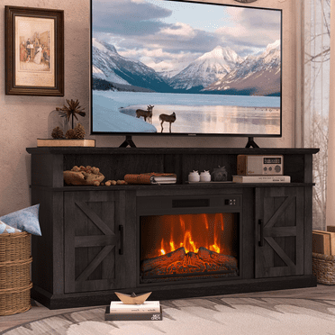 58" TV Stand with 23" Electric Fireplace for TVs Up to 65" , Entertainment Center with Storage Cabinet and Open Shelves, Media Console with Barn Doors for Living Room (CharcoalGrey)