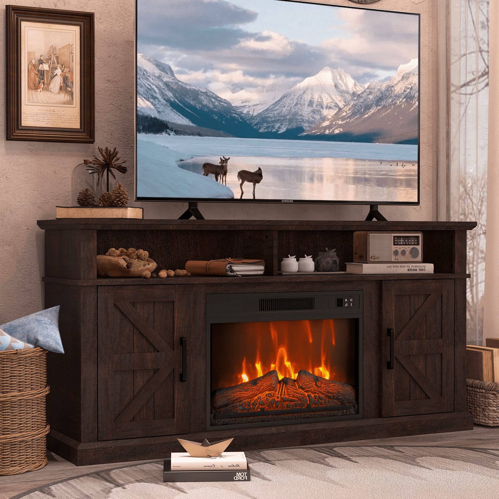 Espresso Wood Corner TV Stand with Electric Fireplace and Barn Doors