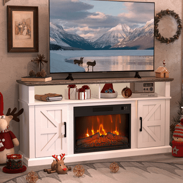 58" TV Stand with 23" Electric Fireplace for TVs Up to 65" , Entertainment Center with Storage Cabinet and Open Shelves, Media Console with Barn Doors for Living Room (White)