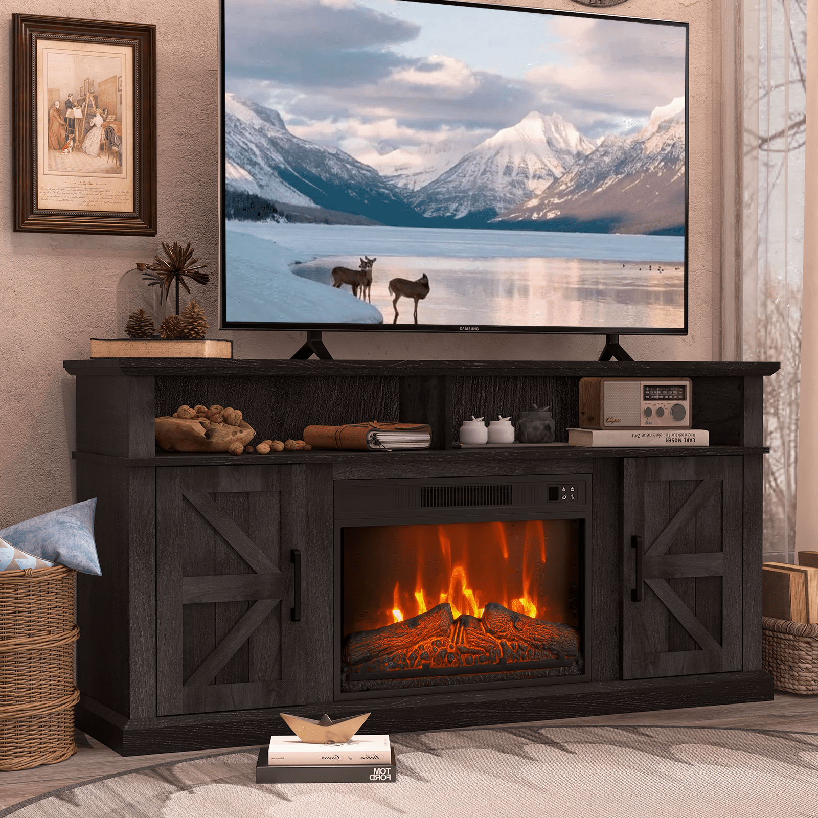 58-Inch TV Stand with 23-Inch Electric Fireplace, Entertainment Center with Storage