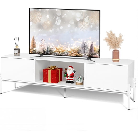 58" TV Stand for 65 Inch TVs, Mid Century Modern Entertainment Center with 2 Storage Cabinets & Open Shelf, Media Console Table with Metal for Living Room, Bedroom, White