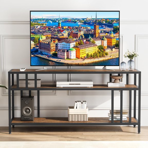 58" TV Stand, Rustic TV Stand Open Storage Shelf, Wooden TV Stand with Quad Duct Support, TV Media Console for Living Room and Bedroom, Rustic Brown