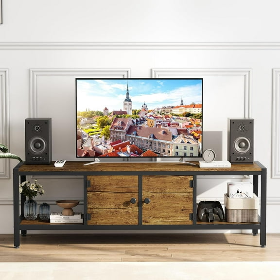 58" TV Stand for TV up to 65 Inches, Large TV Console Table with 2 Closed Storage Spaces and Open Compartments, Wooden Entertainment Center with Adjustable Feet for Living Room, Bedroom, Brown