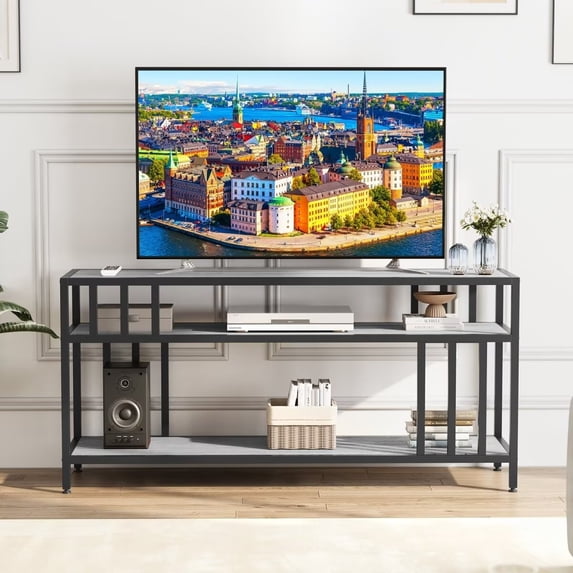 58" TV Stand for TV up to 65 Inches, Wooden TV Console Table with Open Storage Shelves, Modern Entertainment Center with Metal Frame for Living Room, Bedroom, Gray