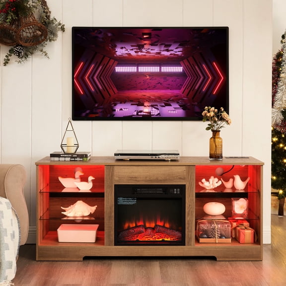 58" TV Stand with Fireplace Function | Smart Remote and App - Controlled LED Lights, 3 Brightness Levels | Maintain Cleanliness with Cable Storage
