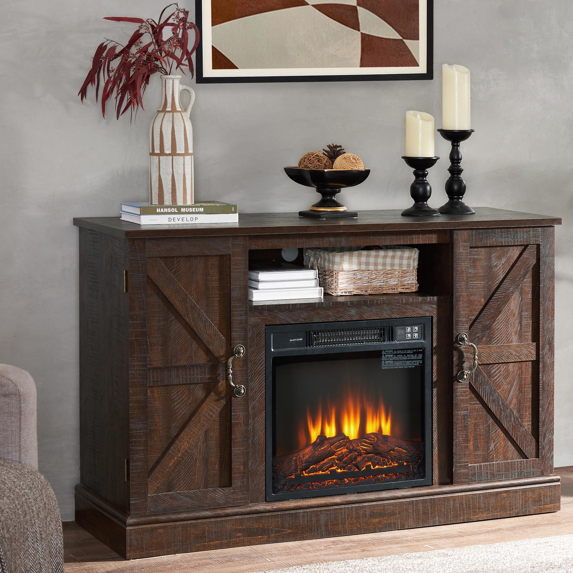 "58"" TV Stand with Electric Fireplace, Adjustable Flame & Temp