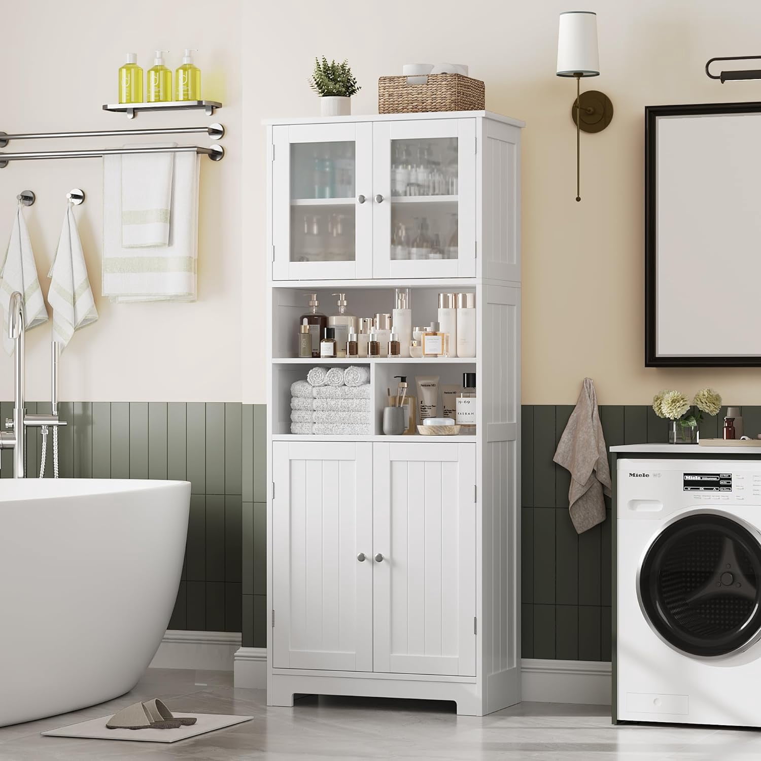 58" Tall Bathroom Cabinet, Freestanding Bathroom Storage Cabinet, Linen ...