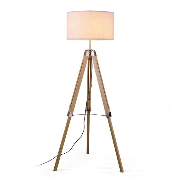 58'' Tripod Floor Lamp, Height Adjustable Rubber Wood Standing Lamp with Foot Switch for Living Room, Bedroom, Office, White