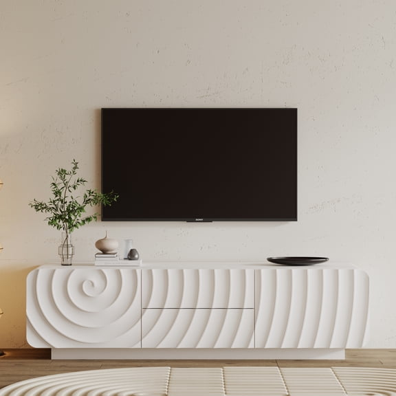 58''Tv Console With Modern Unique Spiral Wave Design With Storage Cabinet And 2 Drawers Tv Stand For Living Room, Bedroom, White