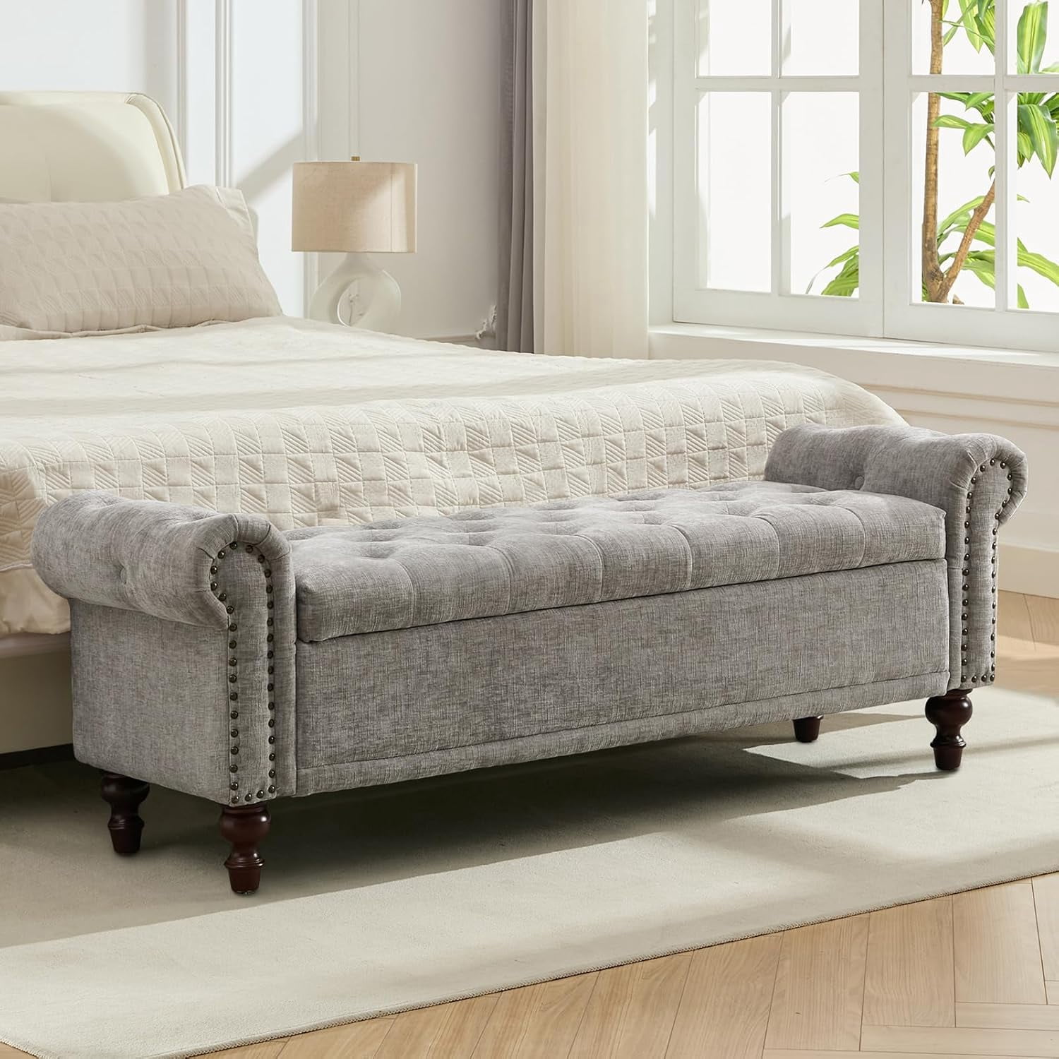 Picture of 58'' Upholstered Storage Bench for Bedroom, Chenille End of Bed Storage ...