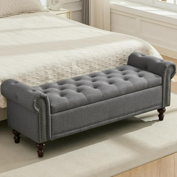 58'' Upholstered Storage Bench for Bedroom, Linen End of Bed Storage Ottoman Benches Large, Button Tufted Ottomans with Storage for Living Room/Entry Way/Closet, Dark Grey